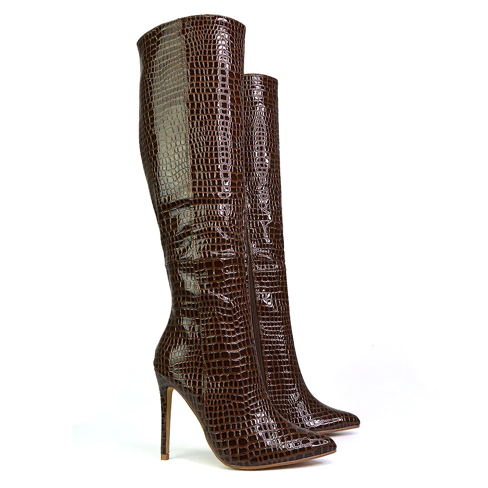 Nora Pointed Toe Zip Fastening Knee High Stiletto Heel Long Boots in Black PU