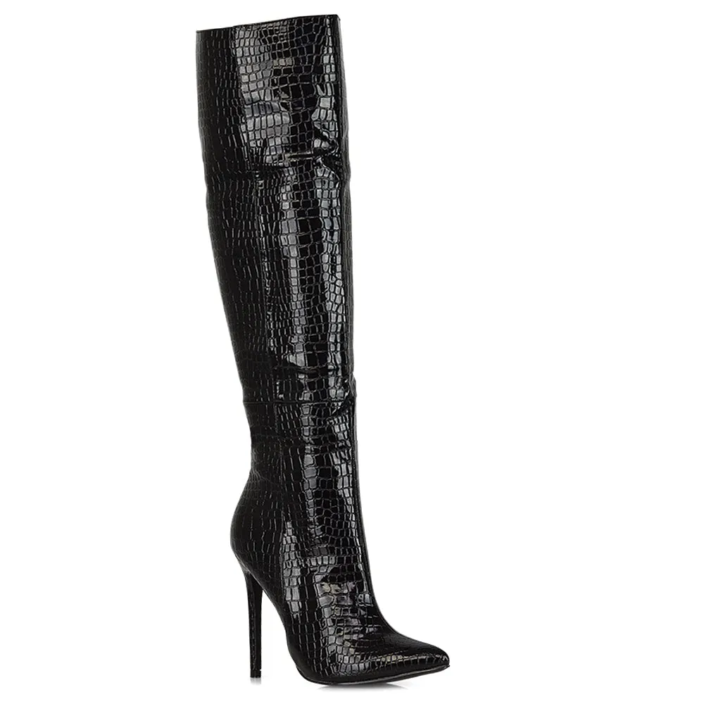 Nora Pointed Toe Zip Fastening Knee High Stiletto Heel Long Boots in Black PU