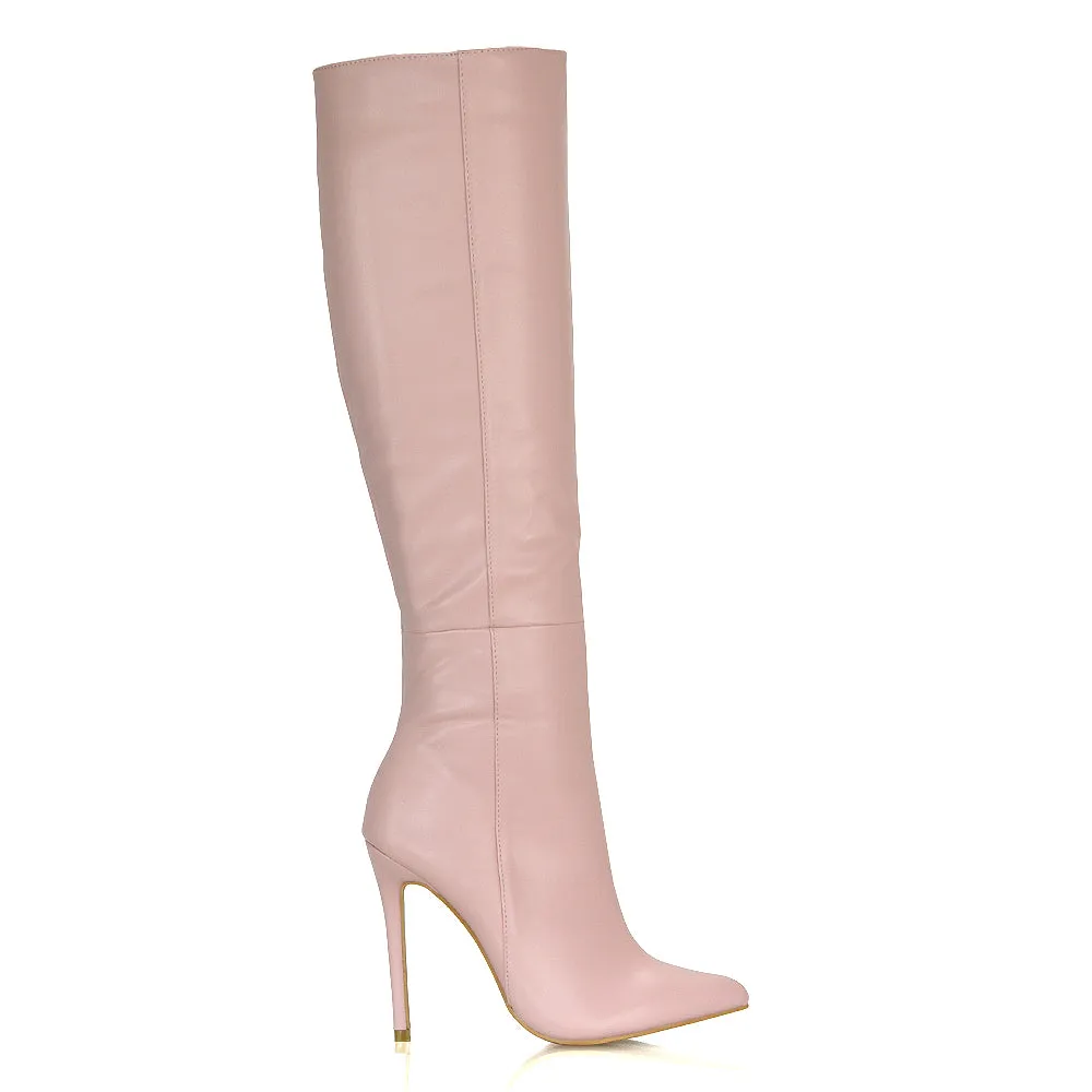 Nora Pointed Toe Zip Fastening Knee High Stiletto Heel Long Boots in Black PU