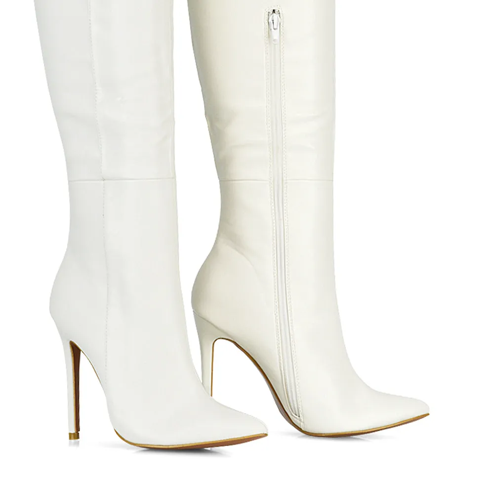 Nora Pointed Toe Zip Fastening Knee High Stiletto Heel Long Boots in Black PU