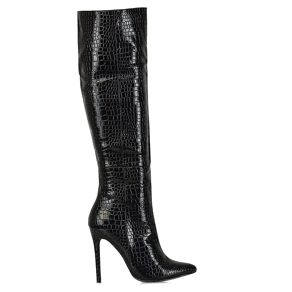 Nora Pointed Toe Zip Fastening Knee High Stiletto Heel Long Boots in Black PU