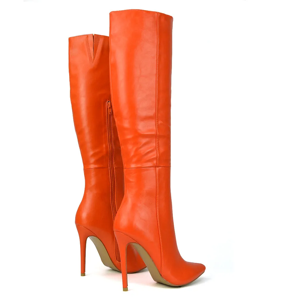Nora Pointed Toe Zip Fastening Knee High Stiletto Heel Long Boots in Black PU