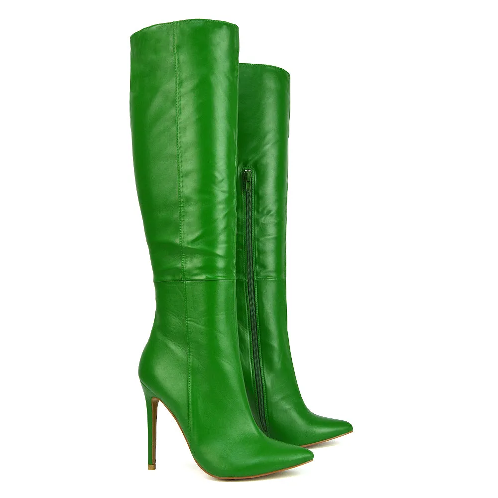 Nora Pointed Toe Zip Fastening Knee High Stiletto Heel Long Boots in Black PU