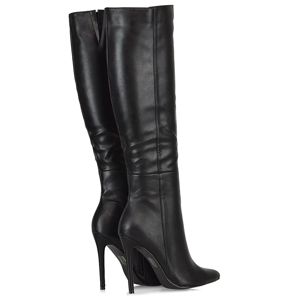 Nora Pointed Toe Zip Fastening Knee High Stiletto Heel Long Boots in Black PU