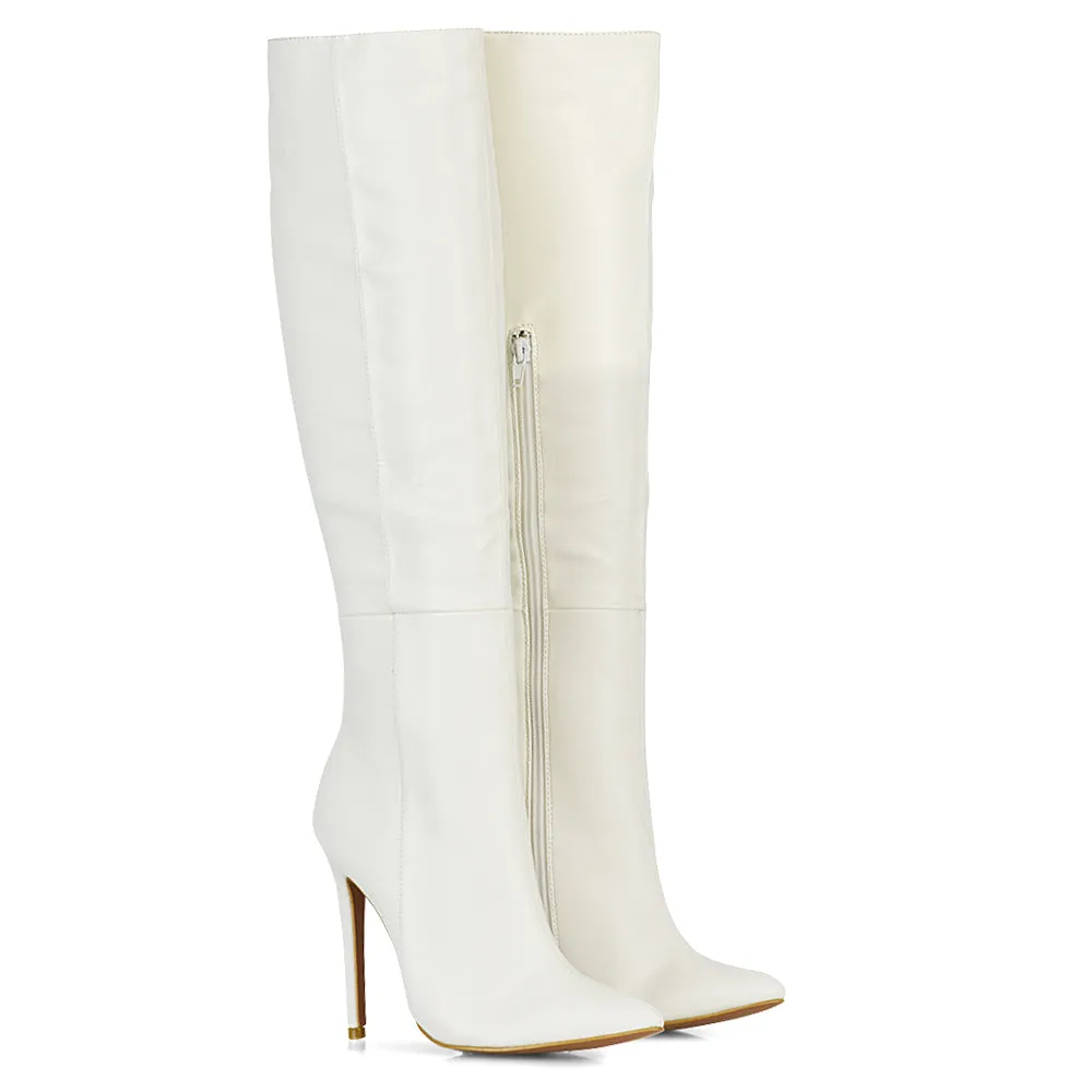 Nora Pointed Toe Zip Fastening Knee High Stiletto Heel Long Boots in Black PU