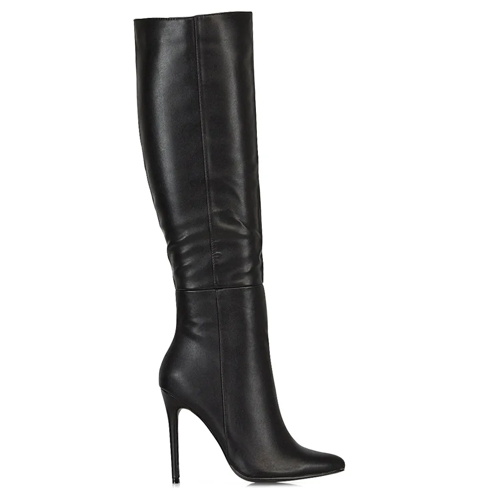 Nora Pointed Toe Zip Fastening Knee High Stiletto Heel Long Boots in Black PU