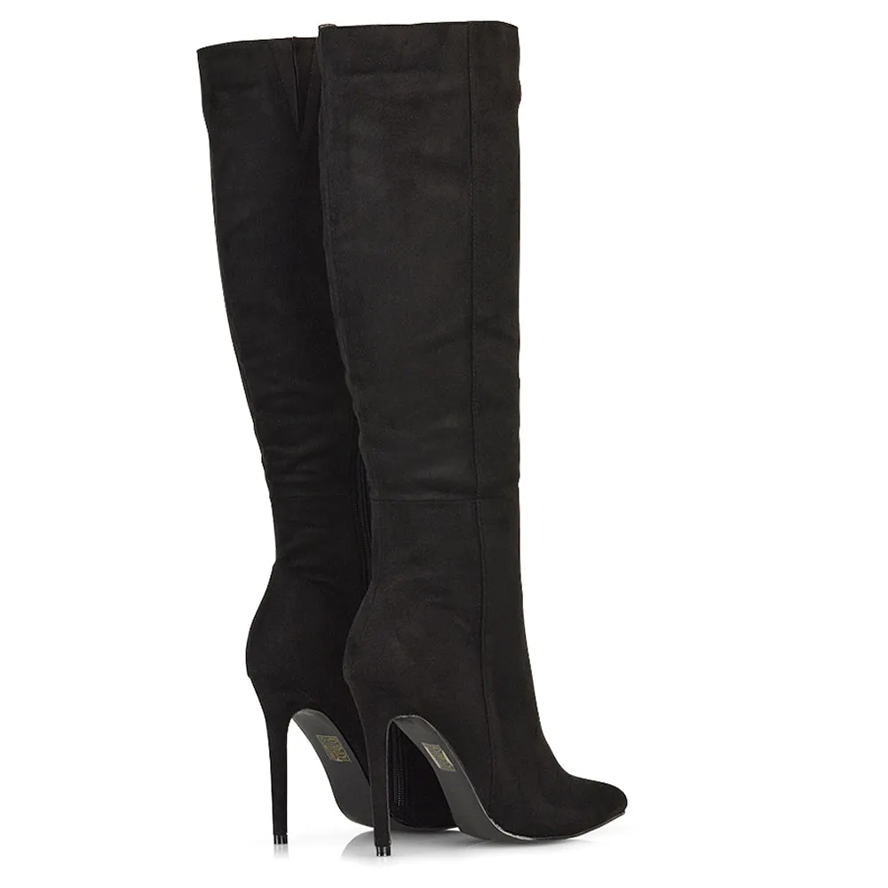 Nora Pointed Toe Zip Fastening Knee High Stiletto Heel Long Boots in Black PU
