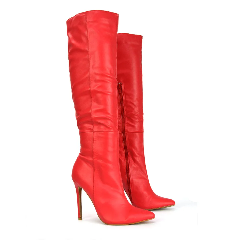 Nora Pointed Toe Zip Fastening Knee High Stiletto Heel Long Boots in Black PU