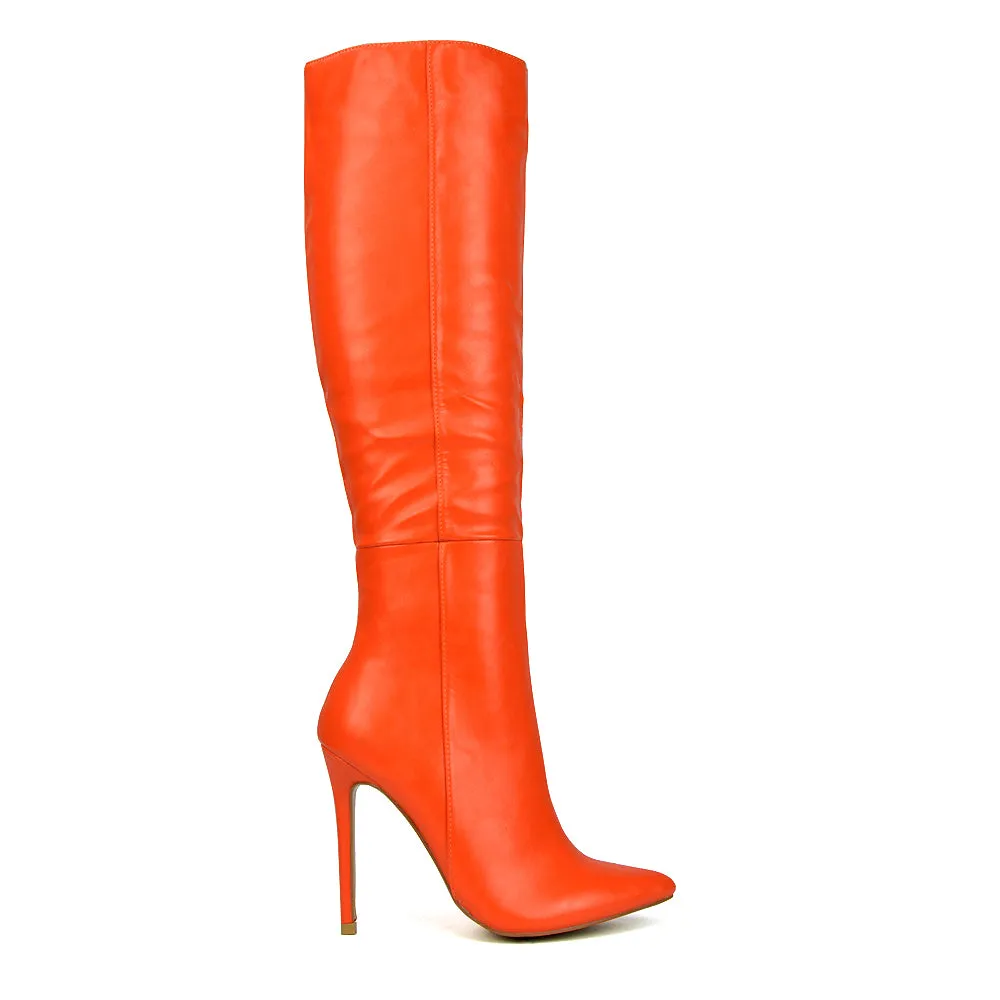 Nora Pointed Toe Zip Fastening Knee High Stiletto Heel Long Boots in Black PU