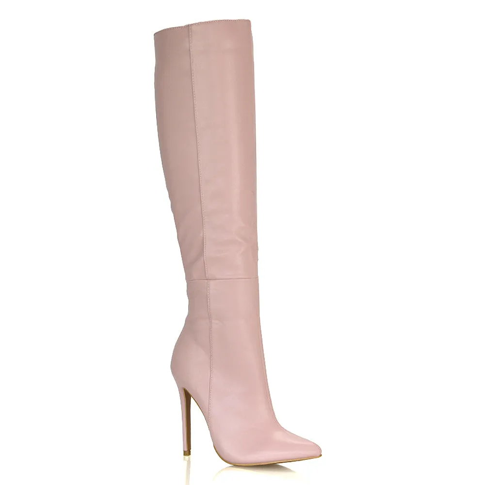 Nora Pointed Toe Zip Fastening Knee High Stiletto Heel Long Boots in Black PU