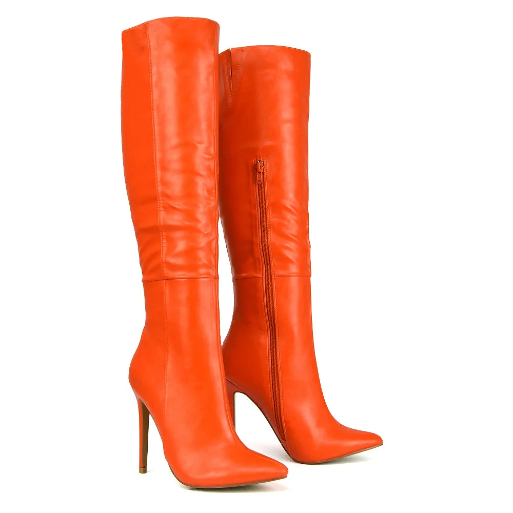 Nora Pointed Toe Zip Fastening Knee High Stiletto Heel Long Boots in Black PU