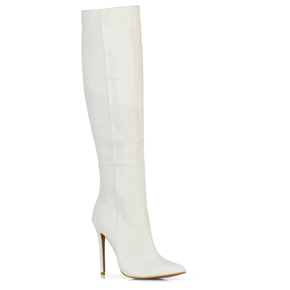 Nora Pointed Toe Zip Fastening Knee High Stiletto Heel Long Boots in Black PU