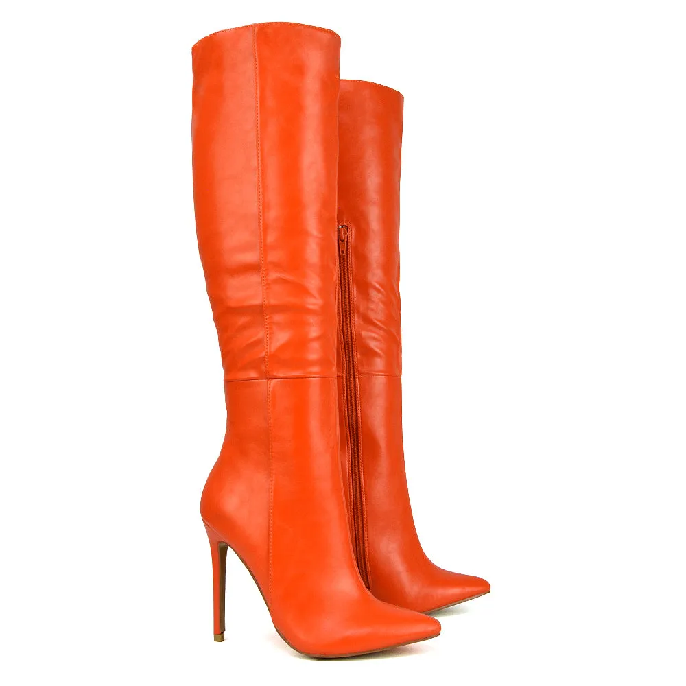 Nora Pointed Toe Zip Fastening Knee High Stiletto Heel Long Boots in Black PU