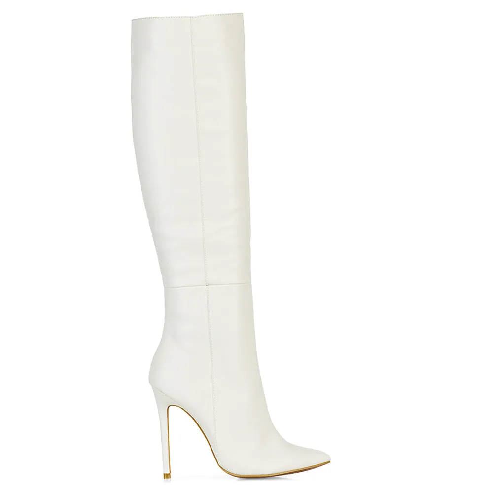 Nora Pointed Toe Zip Fastening Knee High Stiletto Heel Long Boots in Black PU