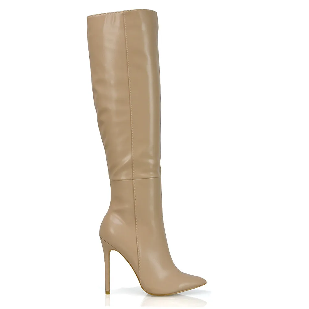 Nora Pointed Toe Zip Fastening Knee High Stiletto Heel Long Boots in Black PU