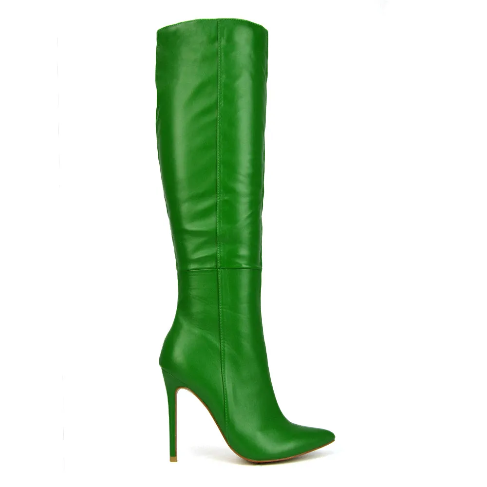 Nora Pointed Toe Zip Fastening Knee High Stiletto Heel Long Boots in Black PU