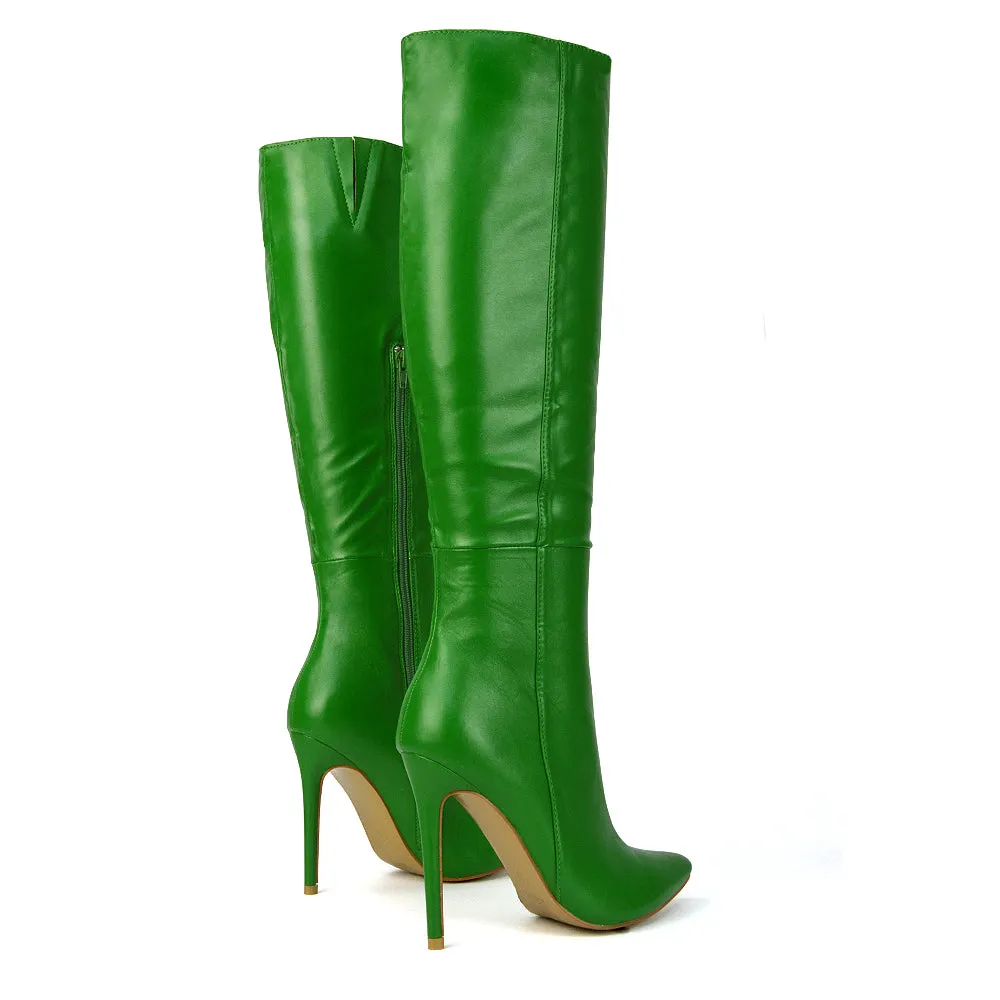 Nora Pointed Toe Zip Fastening Knee High Stiletto Heel Long Boots in Black PU