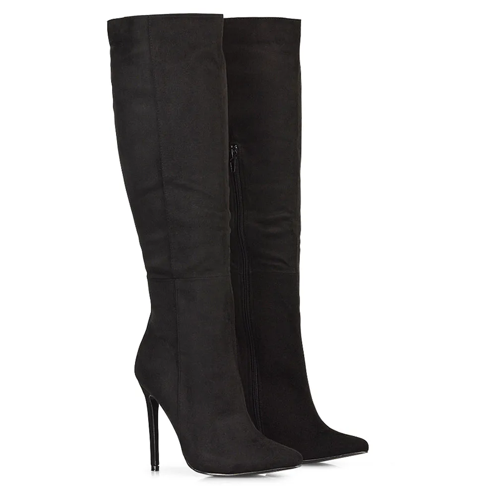 Nora Pointed Toe Zip Fastening Knee High Stiletto Heel Long Boots in Black PU