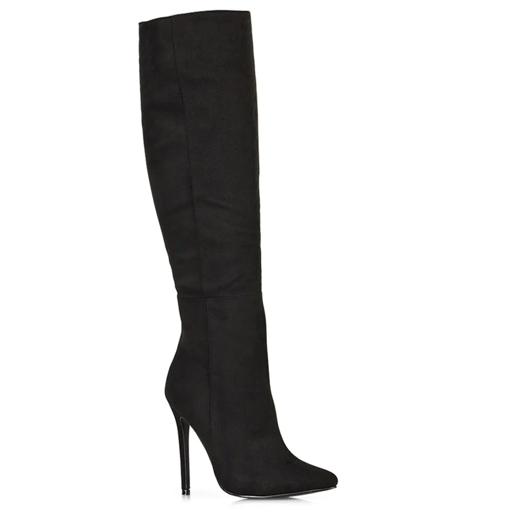 Nora Pointed Toe Zip Fastening Knee High Stiletto Heel Long Boots in Black PU