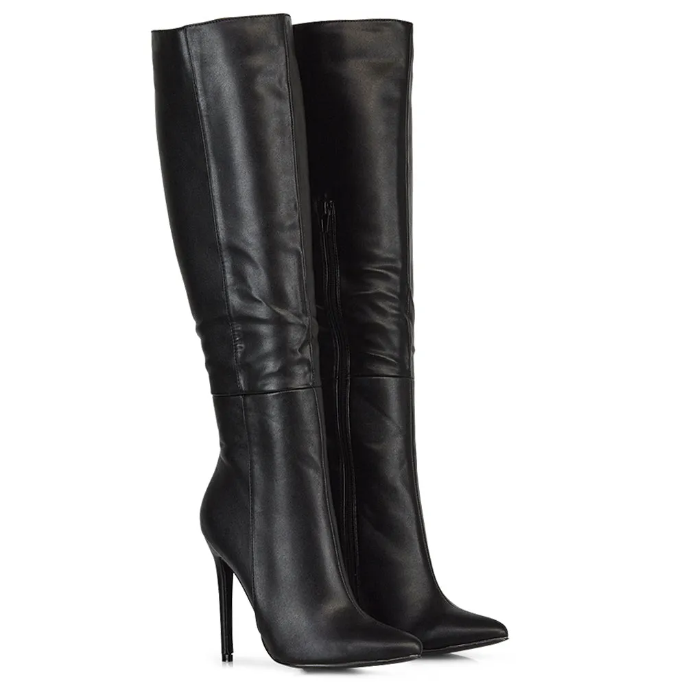 Nora Pointed Toe Zip Fastening Knee High Stiletto Heel Long Boots in Black PU