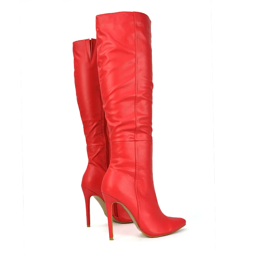 Nora Pointed Toe Zip Fastening Knee High Stiletto Heel Long Boots in Black PU
