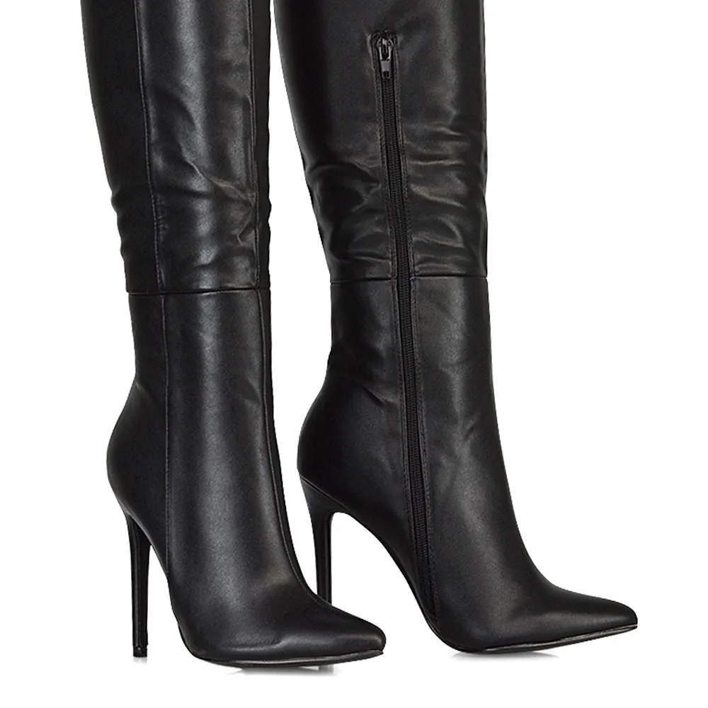 Nora Pointed Toe Zip Fastening Knee High Stiletto Heel Long Boots in Black PU