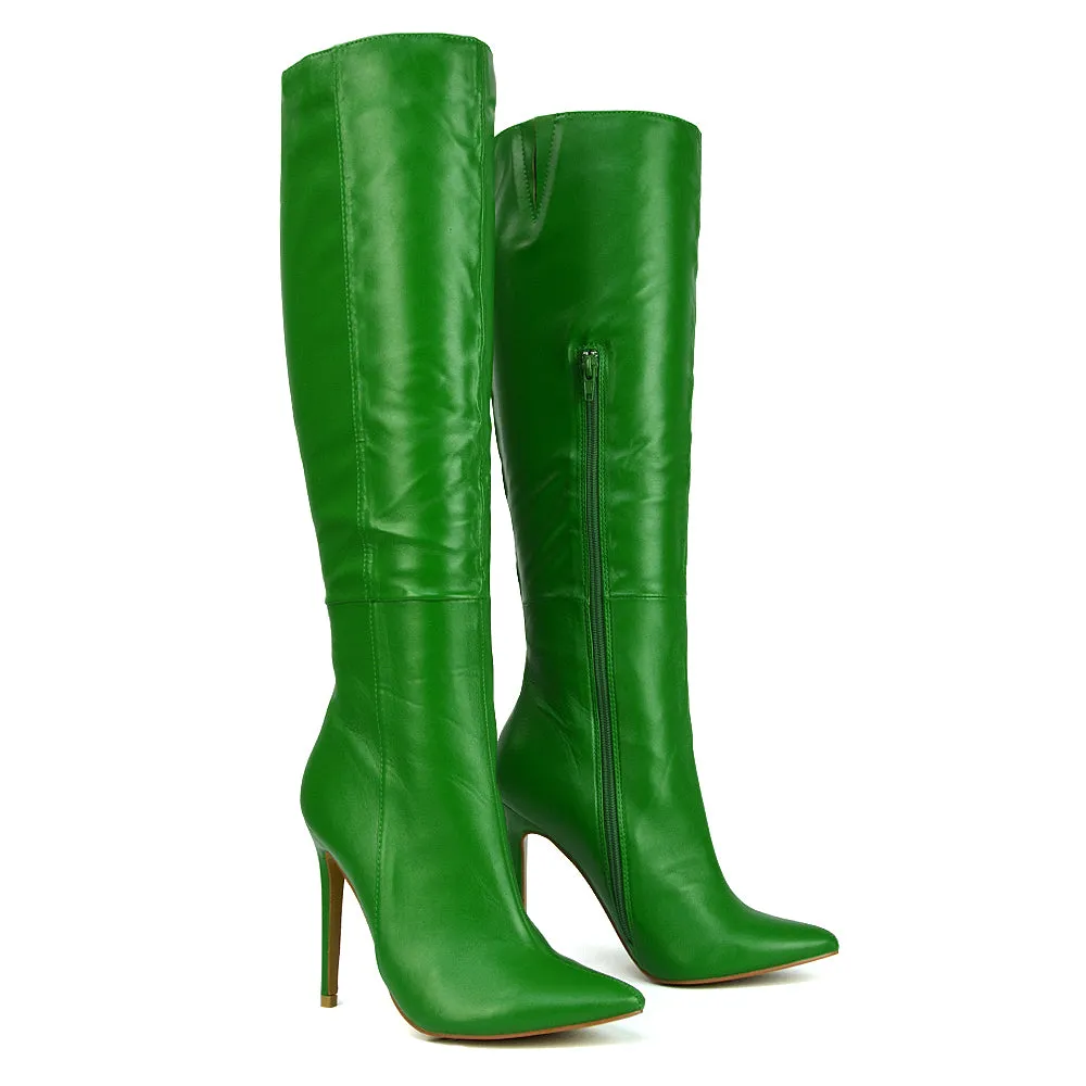 Nora Pointed Toe Zip Fastening Knee High Stiletto Heel Long Boots in Black PU