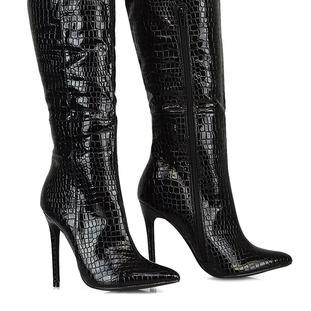 Nora Pointed Toe Zip Fastening Knee High Stiletto Heel Long Boots in Black PU