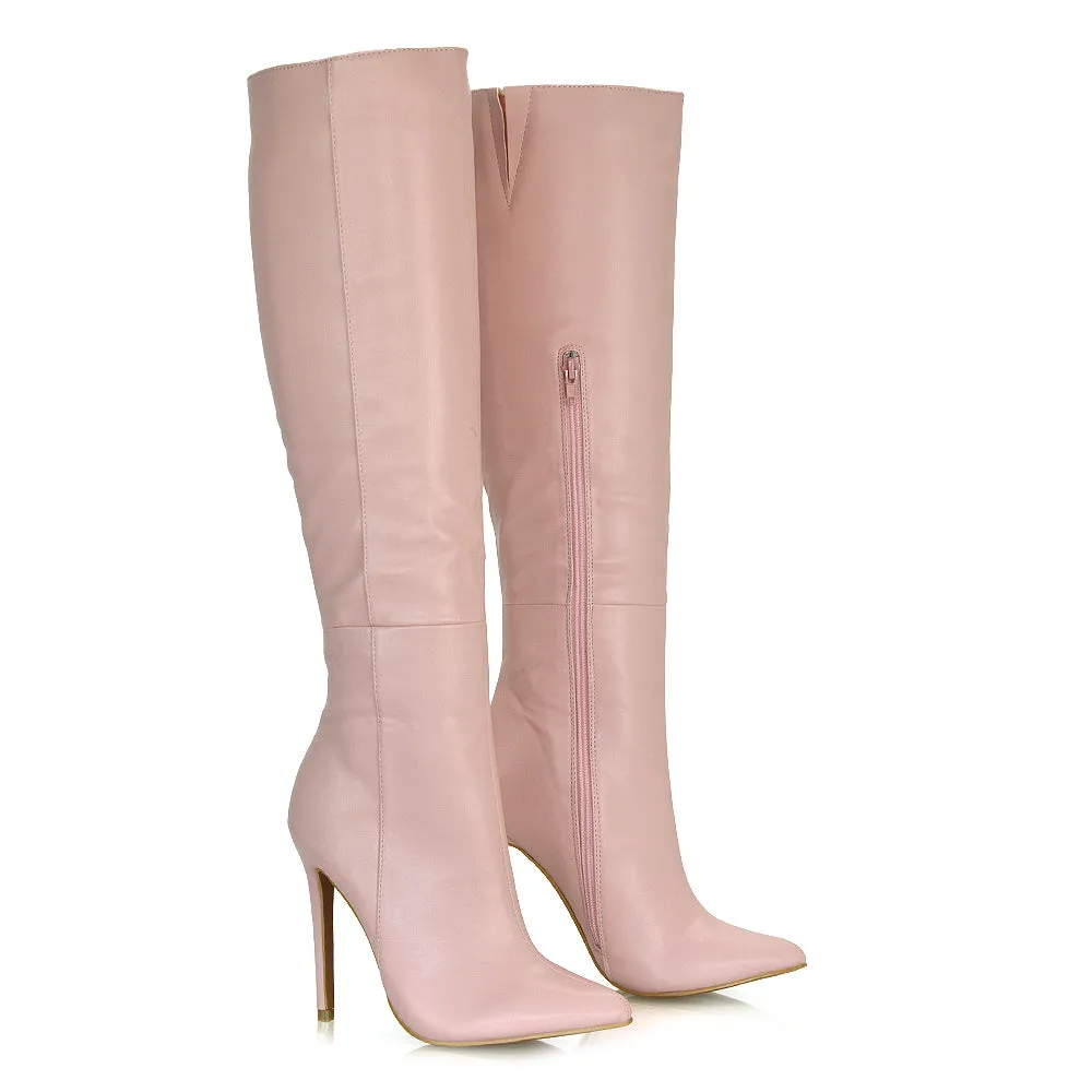Nora Pointed Toe Zip Fastening Knee High Stiletto Heel Long Boots in Black PU