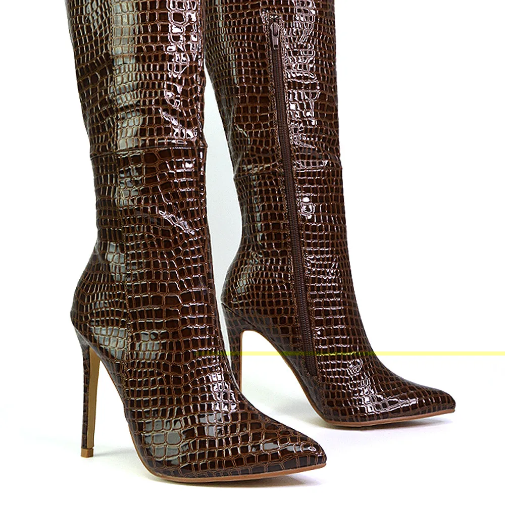 Nora Pointed Toe Zip Fastening Knee High Stiletto Heel Long Boots in Black PU