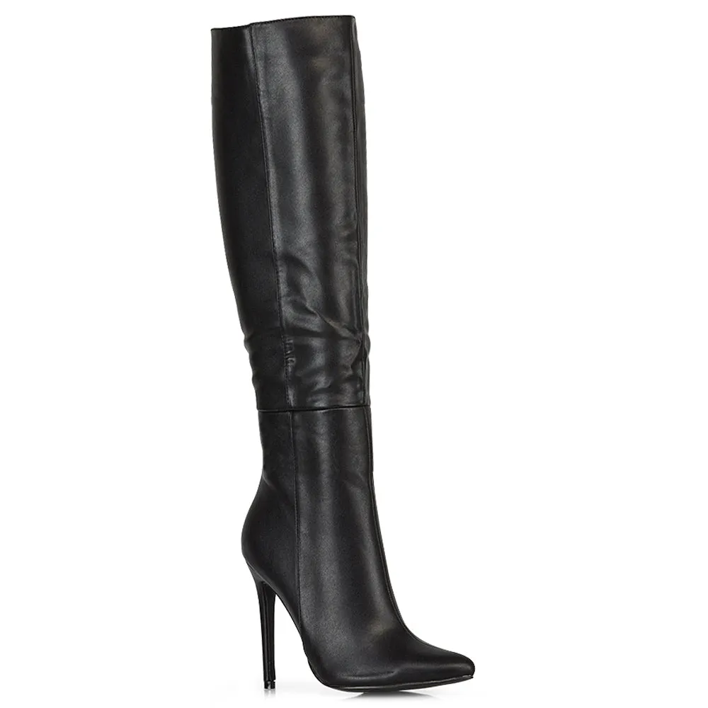 Nora Pointed Toe Zip Fastening Knee High Stiletto Heel Long Boots in Black PU