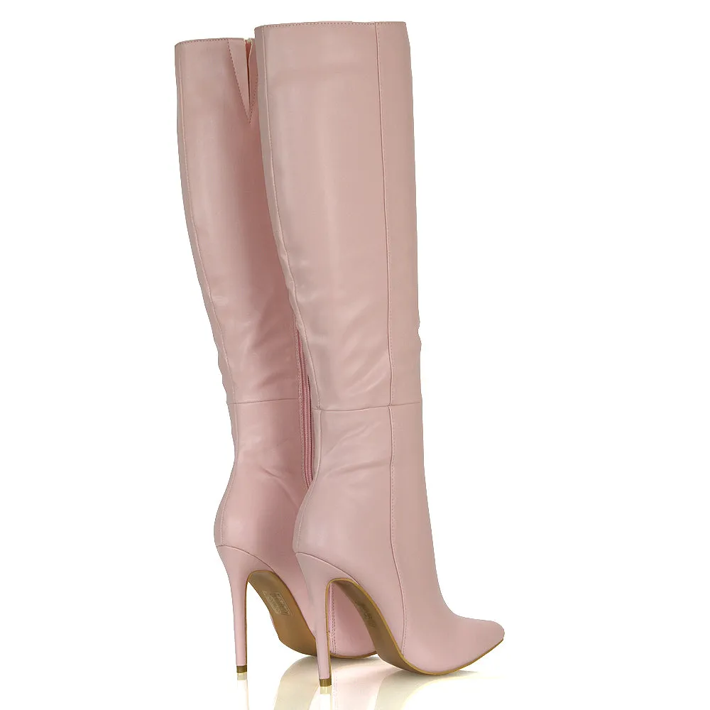 Nora Pointed Toe Zip Fastening Knee High Stiletto Heel Long Boots in Black PU