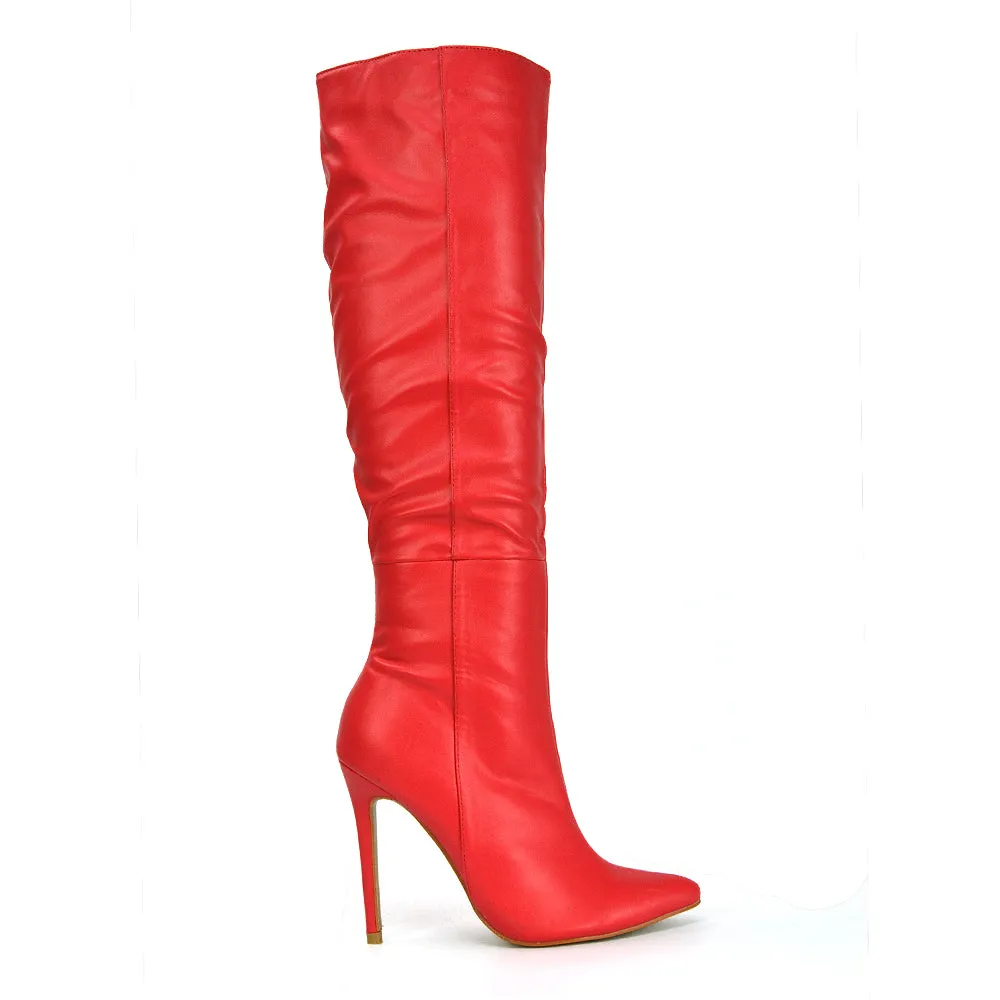 Nora Pointed Toe Zip Fastening Knee High Stiletto Heel Long Boots in Black PU