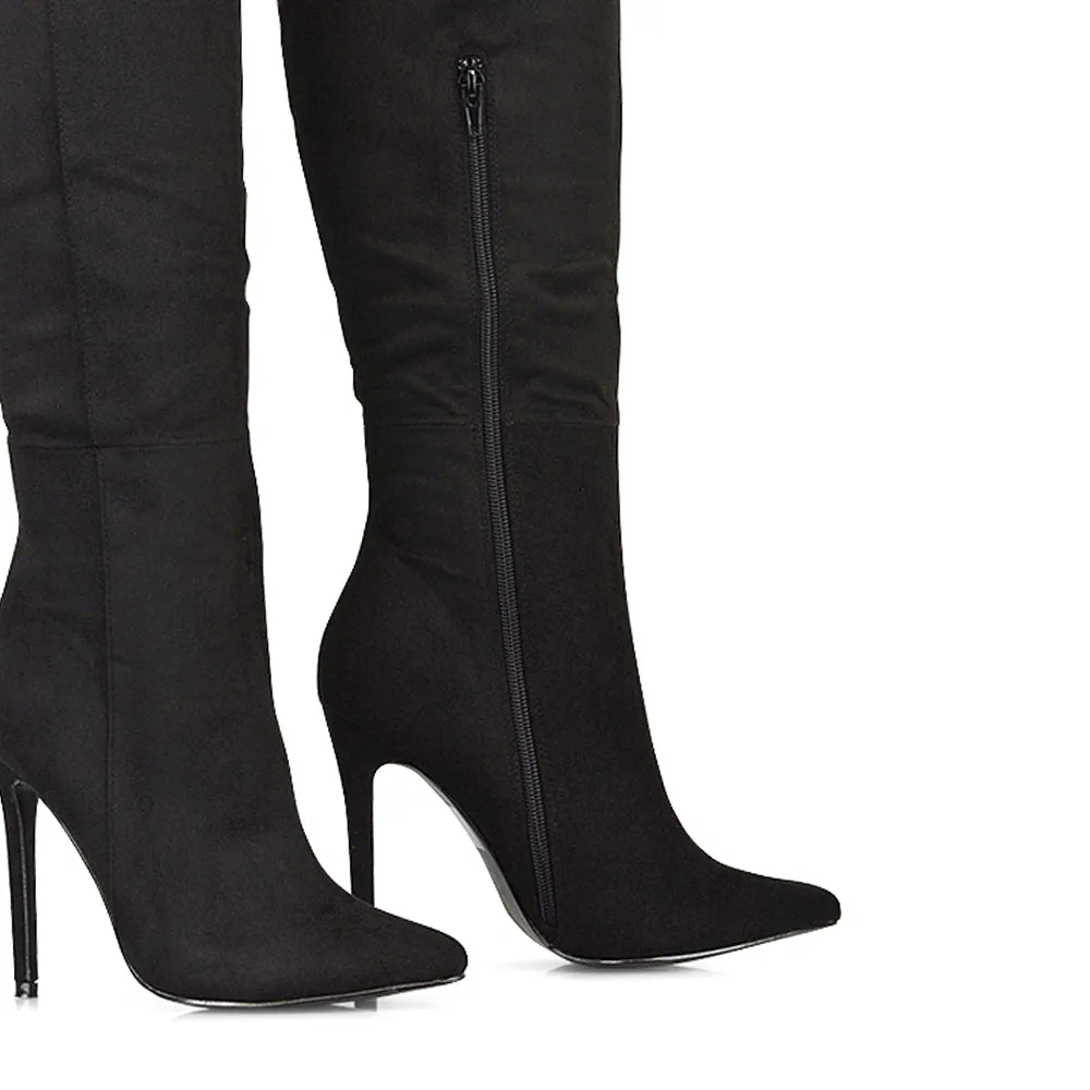 Nora Pointed Toe Zip Fastening Knee High Stiletto Heel Long Boots in Black PU