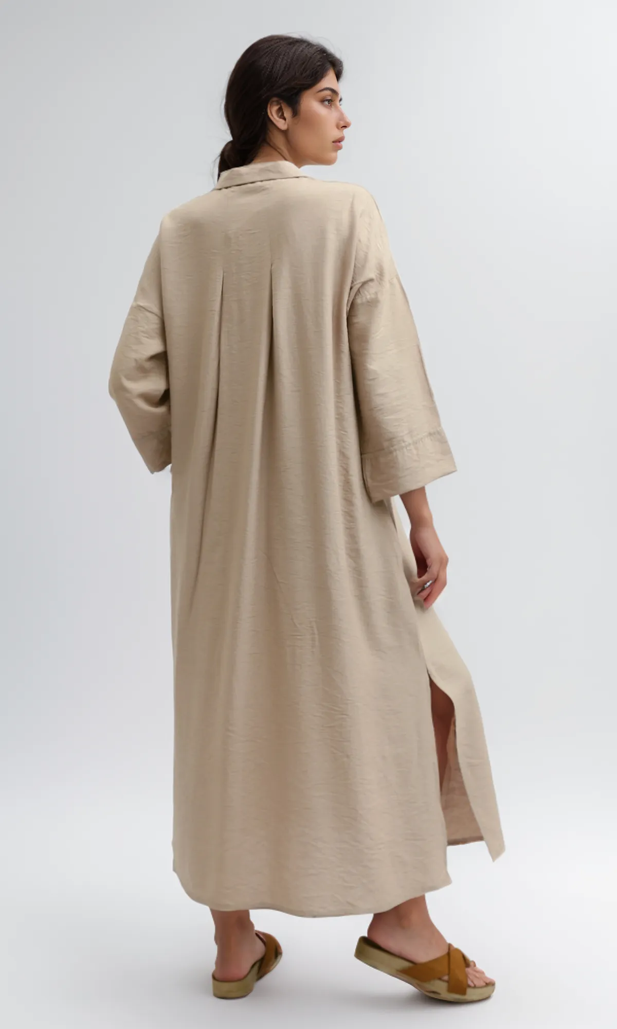 O198050 Full Buttons Dress 3/4 Sleeves With Side Pockets - Coffe