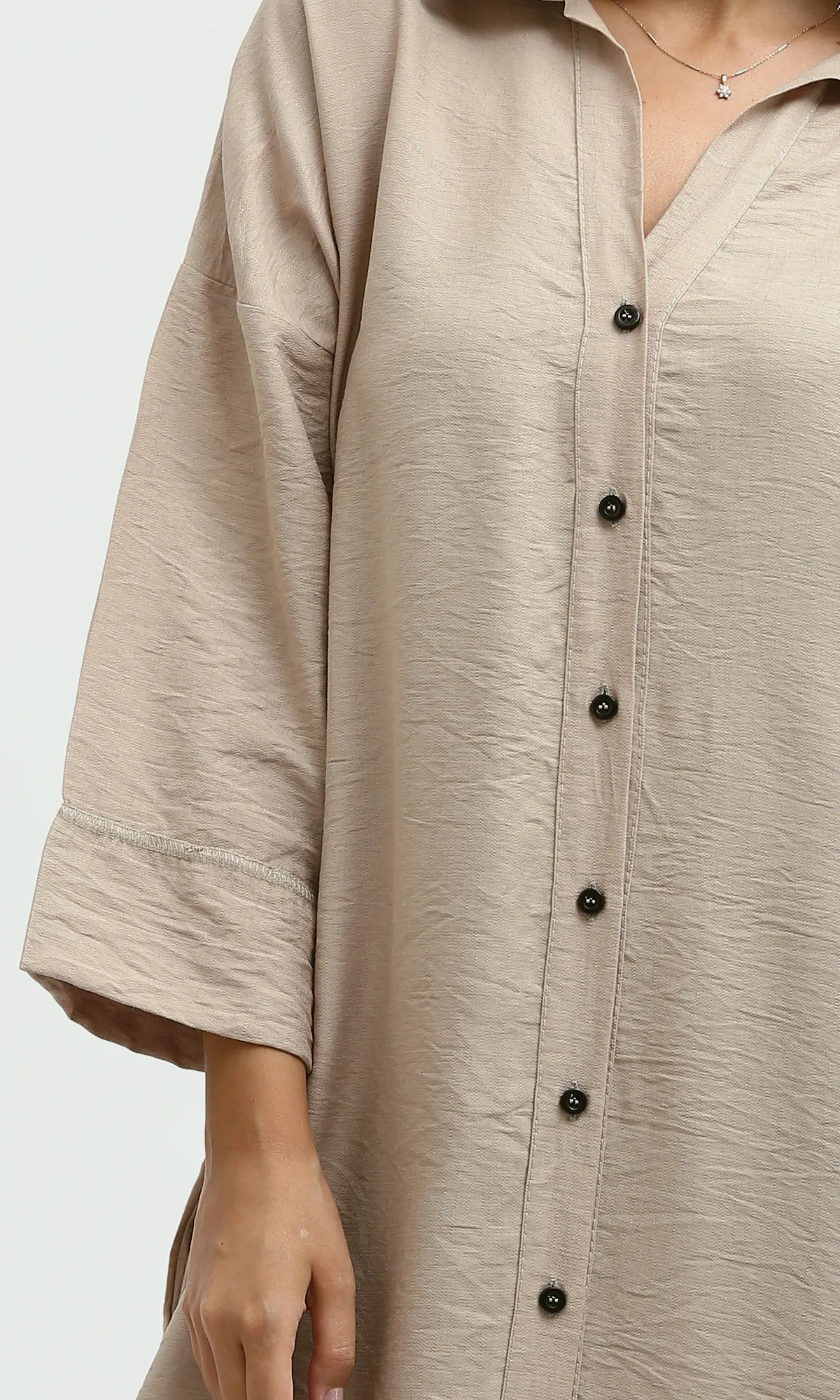 O198050 Full Buttons Dress 3/4 Sleeves With Side Pockets - Coffe