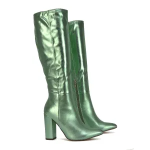 Opal Green Metallic Statement Knee High Pointed Toe Block Heeled Long Boots