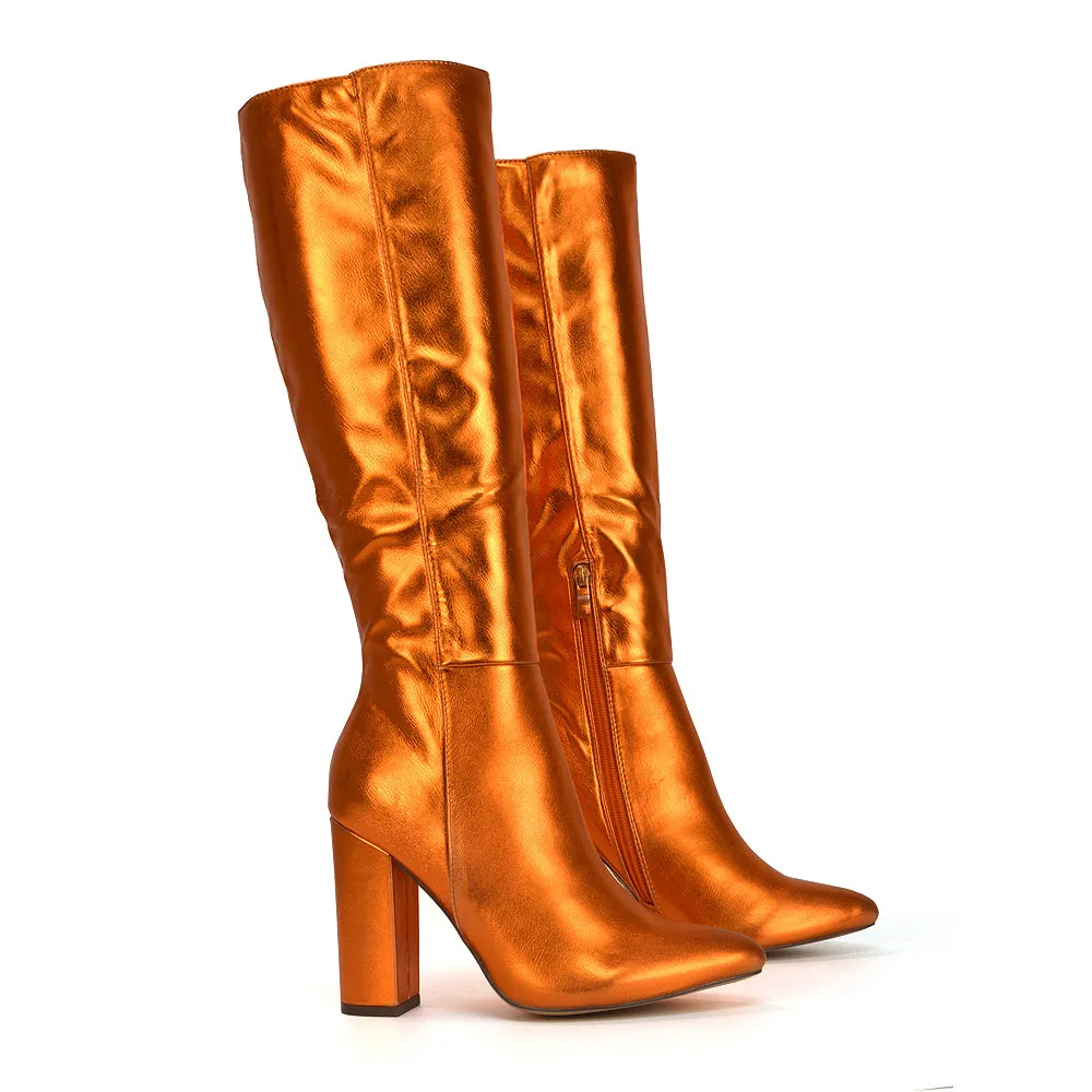 Opal Green Metallic Statement Knee High Pointed Toe Block Heeled Long Boots