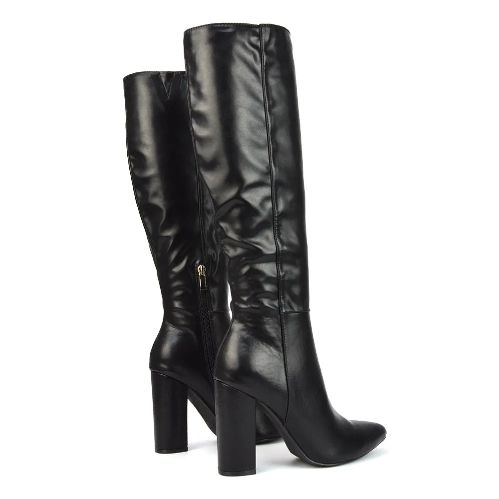 Opal Green Metallic Statement Knee High Pointed Toe Block Heeled Long Boots