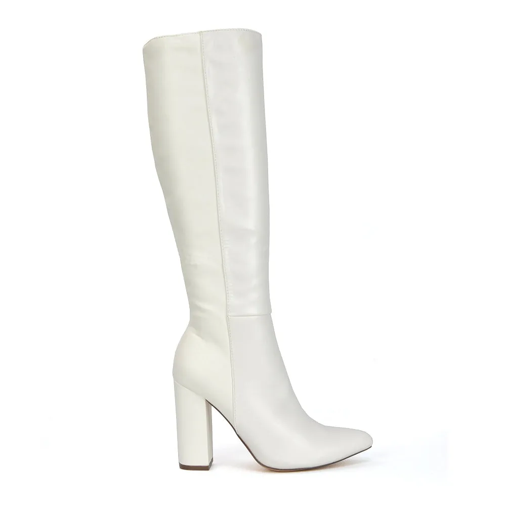 Opal Green Metallic Statement Knee High Pointed Toe Block Heeled Long Boots
