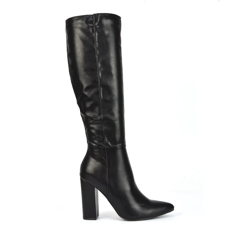 Opal Green Metallic Statement Knee High Pointed Toe Block Heeled Long Boots