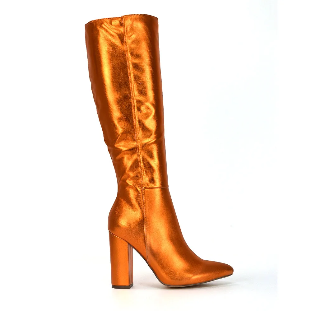 Opal Green Metallic Statement Knee High Pointed Toe Block Heeled Long Boots