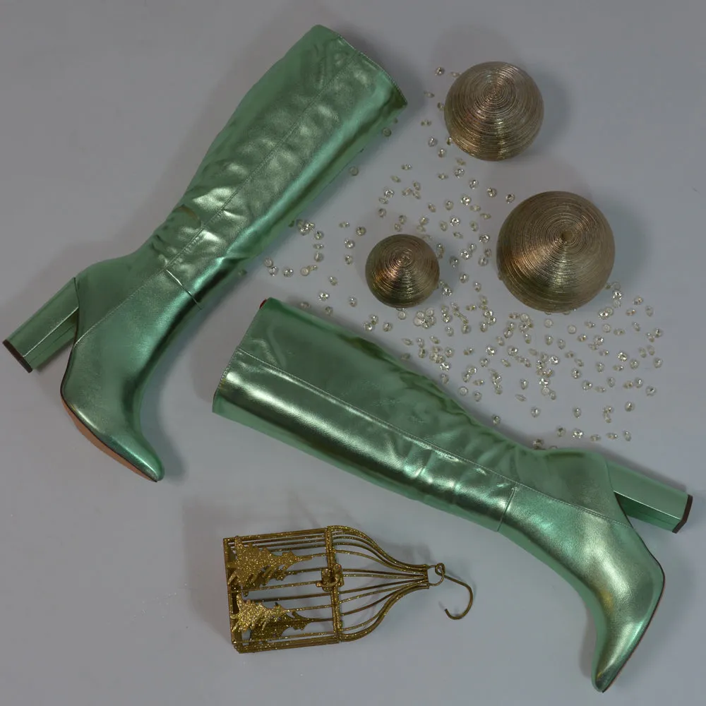 Opal Green Metallic Statement Knee High Pointed Toe Block Heeled Long Boots