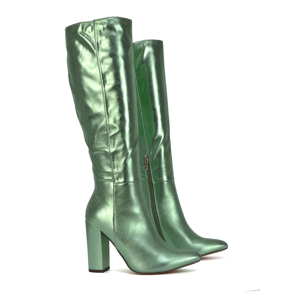 Opal Green Metallic Statement Knee High Pointed Toe Block Heeled Long Boots
