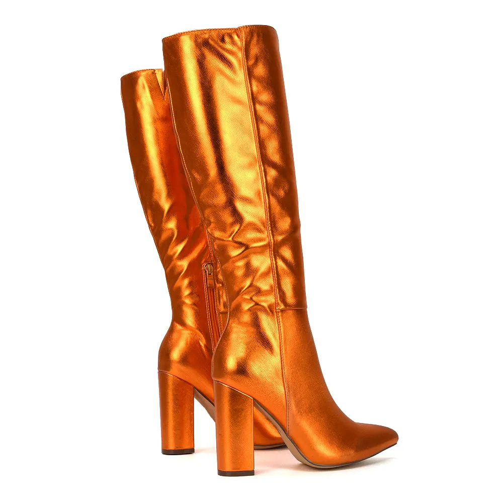 Opal Green Metallic Statement Knee High Pointed Toe Block Heeled Long Boots