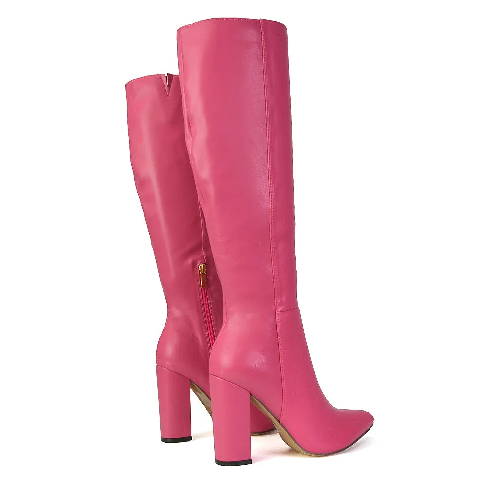 Opal Green Metallic Statement Knee High Pointed Toe Block Heeled Long Boots