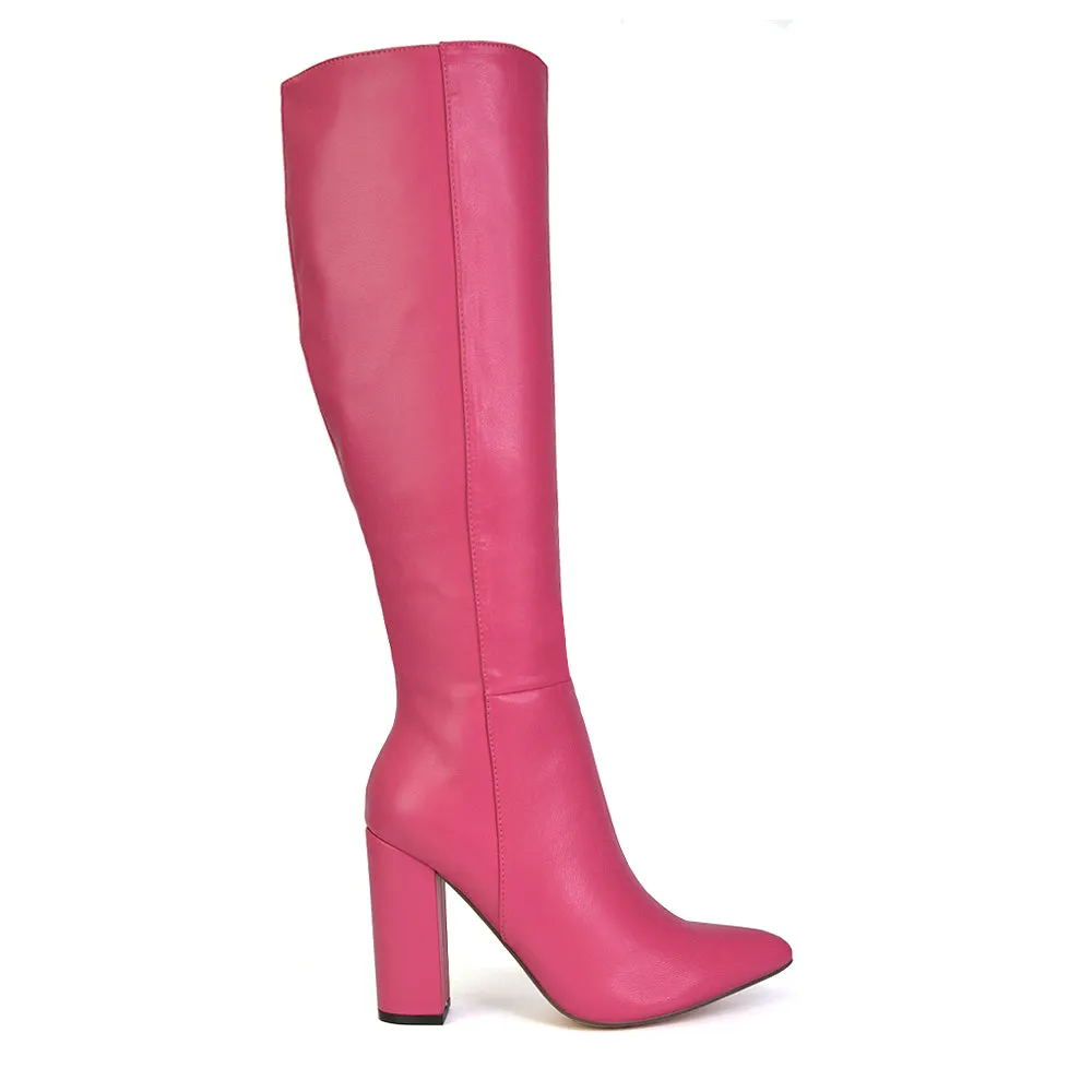 Opal Green Metallic Statement Knee High Pointed Toe Block Heeled Long Boots