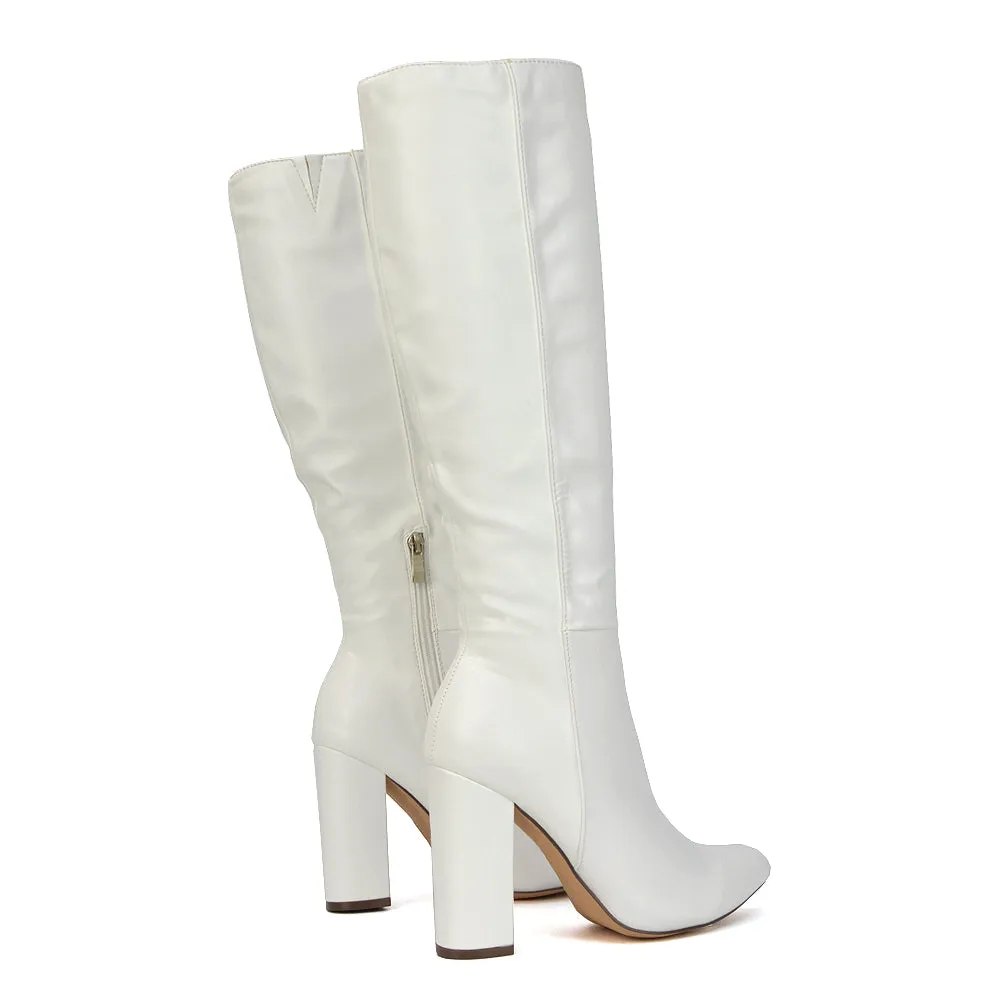Opal Green Metallic Statement Knee High Pointed Toe Block Heeled Long Boots