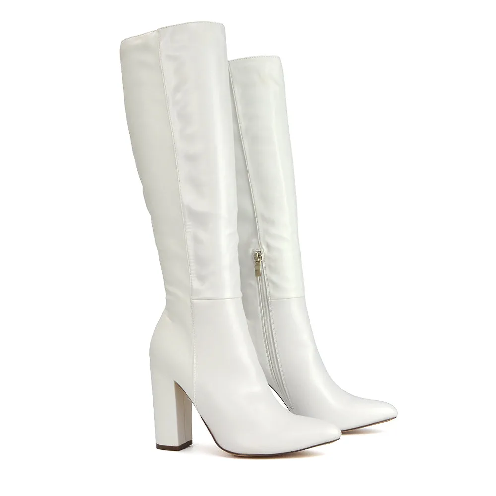 Opal Green Metallic Statement Knee High Pointed Toe Block Heeled Long Boots