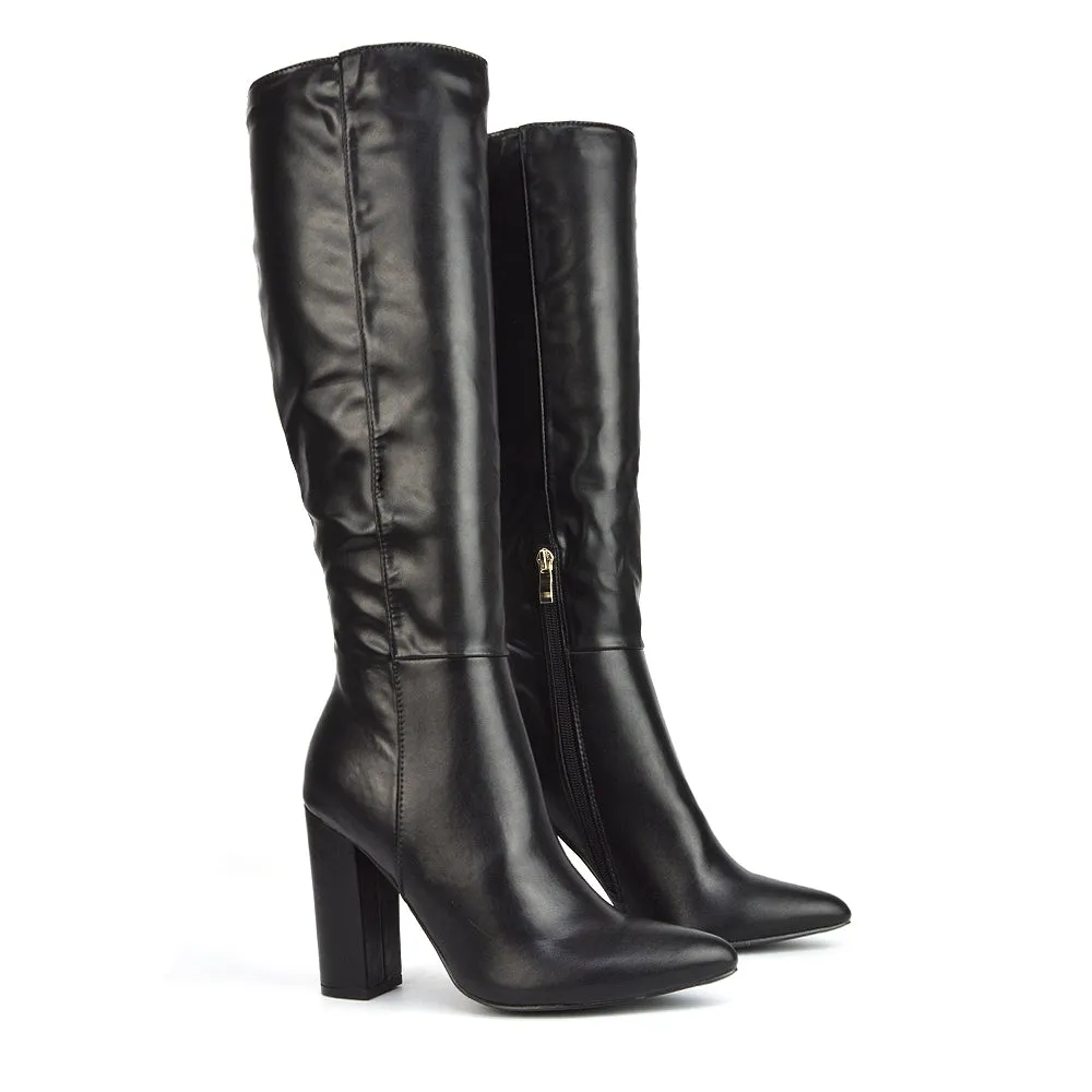 Opal Green Metallic Statement Knee High Pointed Toe Block Heeled Long Boots